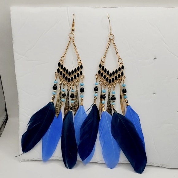 Feather Earrings for Women Bohemian Vintage Dreamcatcher Faux Feather Long Fring - Picture 4 of 5